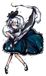 Rule 34 | 1girl, black footwear, blue eyes, bow, bowtie, cherry blossoms, frills, hair ornament, highres, jaggy lines, konpaku youmu, long skirt, perspective, petals, puffy sleeves, rrrssr, skirt, socks, sword, touhou, weapon, white background, white hair