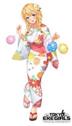 Rule 34 | 1girl, blonde hair, blue eyes, blush, braid, collarbone, commentary request, fingernails, floral print, flower, full body, hair flower, hair ornament, highres, holding, japanese clothes, kimono, logo, looking at viewer, obi, open mouth, re:shimashima, sandals, sash, simple background, smile, solo, toes, tokyo exe girls, twin braids, white background, wide sleeves
