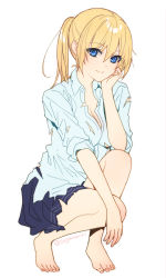 Rule 34 | 1girl, barefoot, blonde hair, blue eyes, blue skirt, breasts, cleavage, closed mouth, commentary request, full body, highres, looking at viewer, onishima homare, sagara riri, shirt, simple background, skirt, sleeves rolled up, smile, solo, sounan desuka?, squatting, torn clothes, twintails, twitter username, white background, white shirt