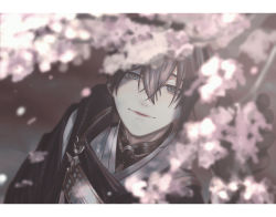 Rule 34 | 1boy, armor, black gloves, black hair, blue eyes, blurry, branch, cherry blossoms, chest guard, closed mouth, dappled sunlight, day, depth of field, falling petals, from above, gloves, hair between eyes, hand up, highres, japanese armor, japanese clothes, kariginu, letterboxed, long sleeves, looking at viewer, looking up, male focus, mikazuki munechika, neck tassel, petals, portrait, r a y0, reaching, reaching towards viewer, smile, solo, sunlight, tassel, touken ranbu, wind
