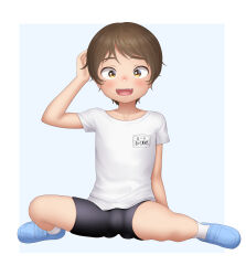 Rule 34 | 1girl, :d, absurdres, arm up, bike shorts, black shorts, brown eyes, brown hair, child, female focus, full body, highres, looking at viewer, open mouth, original, paid reward available, sc naru, shirt, short hair, short sleeves, shorts, sitting, smile, solo, spread legs, teeth, thighs, tomboy, very short hair, white footwear, white shirt