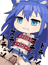 Rule 34 | 1boy, 1girl, bar censor, belt, blue bow, blue eyes, blue hair, blue skirt, bound, bound arms, bow, censored, clenched teeth, commentary, cookie (touhou), cowboy shot, dashed eyes, debt, flat chest, grey hoodie, hair between eyes, hair bow, hetero, hood, hood down, hoodie, hospital king, long bangs, long hair, motion lines, nipples, penis, pussy, red belt, sex, short sleeves, simple background, skirt, solo focus, tearing up, teeth, torn clothes, torn hoodie, torn skirt, touhou, vaginal, white background, yorigami shion, zerukalo (cookie)