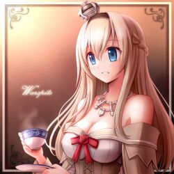 Rule 34 | 1girl, akisame rizu, blue eyes, braid, breasts, brown background, character name, cleavage, commentary request, corset, crown, cup, dress, flower, french braid, hairband, jewelry, kantai collection, light brown hair, long hair, long sleeves, medium breasts, mini crown, necklace, off-shoulder dress, off shoulder, parted lips, red flower, red ribbon, red rose, revision, ribbon, rose, saucer, smile, solo, steam, teacup, upper body, warspite (kancolle), white dress
