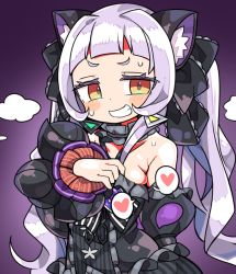 Rule 34 | 1girl, animal ears, cat ears, cat girl, detached sleeves, dress, frilled dress, frills, gothic lolita, gradient background, green eyes, grin, heart, hololive, kanikama, lolita fashion, long hair, multicolored eyes, murasaki shion, murasaki shion (gothic lolita), orange eyes, purple background, short eyebrows, silver hair, smile, solo, sweat, twintails, upper body, virtual youtuber