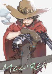 Rule 34 | 1girl, absurdres, ammunition, black hair, brown gloves, cape, cassidy (overwatch), character name, cigar, cowboy hat, cowboy shot, cowboy western, expressionless, genderswap, genderswap (mtf), gloves, gun, hair between eyes, handgun, hat, hat over one eye, highres, holding, holding gun, holding weapon, leaning, looking at viewer, mechanical arms, mouth hold, overwatch, overwatch 1, prosthesis, red cape, revolver, short hair, simple background, single glove, single mechanical arm, smirk, smoke, smoking, solo, spiked hair, torn cape, torn clothes, torn hat, urorong, weapon, yellow eyes