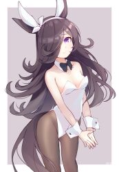 Rule 34 | 1girl, animal ears, black bow, black bowtie, black hair, black pantyhose, blush, border, bow, bowtie, breasts, cleavage, collar, collarbone, commentary request, cowboy shot, detached collar, grey background, groin, hair over one eye, headband, highres, horse ears, horse girl, horse tail, leotard, long bangs, long hair, looking at viewer, nokora (otonarinoco), outside border, own hands together, pantyhose, playboy bunny, purple eyes, rice shower (umamusume), simple background, small breasts, smile, solo, strapless, strapless leotard, tail, umamusume, very long hair, white border, white collar, white leotard, white wrist cuffs, wrist cuffs