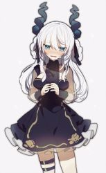 Rule 34 | 1girl, :o, black dress, black horns, blue eyes, blush, breasts, cleavage, crying, crying with eyes open, dress, hair between eyes, hair rings, highres, horns, long hair, looking at viewer, medium breasts, mogmogyasai, original, simple background, solo, standing, tears, thigh strap, white background, white hair
