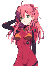 Rule 34 | 1girl, absurdres, ahoge, cosplay, green eyes, hair ornament, hairclip, hand on head, highres, hololive, kutar22, long hair, looking at viewer, neon genesis evangelion, parted lips, plugsuit, sakura miko, shiny clothes, shiny skin, simple background, solo, souryuu asuka langley, souryuu asuka langley (cosplay), virtual youtuber, white background, x hair ornament