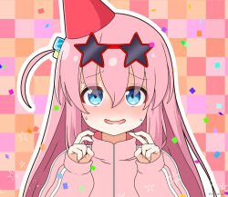 Rule 34 | 1girl, blue eyes, blush, bocchi the rock!, checkered background, commentary request, cube hair ornament, eyewear on head, gotoh hitori, hair between eyes, hair ornament, hands up, hat, highres, jacket, long hair, long sleeves, looking at viewer, mitya, nervous smile, nose blush, one side up, open mouth, outline, party hat, pink hair, pink jacket, puffy long sleeves, puffy sleeves, red-framed eyewear, red hat, sleeves past wrists, smile, solo, star-shaped eyewear, star (symbol), sunglasses, sweat, tilted headwear, track jacket, upper body, very long hair, wavy mouth, white outline