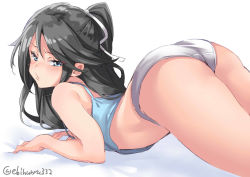 Rule 34 | 1girl, alternate costume, arched back, ass, bare legs, bare shoulders, bed sheet, black hair, blue eyes, blush, breasts, casual, cowboy shot, ebifurya, from side, hair ribbon, high ponytail, kantai collection, katsuragi (kancolle), lips, long hair, looking at viewer, no pants, panties, parted lips, ponytail, ribbon, small breasts, solo, tank top, thighs, top-down bottom-up, underwear, white background, white panties