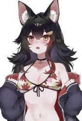 Rule 34 | 1girl, animal ear fluff, animal ears, artist name, bikini, black choker, black hair, black jacket, breasts, cat choker, choker, cleavage, commentary request, fang, front-tie bikini top, front-tie top, hair ornament, hairpin, hands up, highres, hololive, jacket, large breasts, leaf print, long sleeves, looking ahead, maple leaf print, mofumin, navel, ookami mio, ookami mio (hololive summer 2019), open clothes, open jacket, open mouth, puffy long sleeves, puffy sleeves, simple background, skin fang, slit pupils, solo, stomach, swimsuit, twitter username, upper body, virtual youtuber, white background, wolf ears, wolf girl, yellow eyes