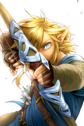 Rule 34 | 1boy, arrow (projectile), blonde hair, blue eyes, bow (weapon), covered face, fingerless gloves, gloves, highres, holding, holding weapon, incoming attack, jumping, link, looking at viewer, male focus, nintendo, pointy ears, pulling back, rangetsu yukka, simple background, staring, the legend of zelda, the legend of zelda: breath of the wild, twisted torso, weapon, white background