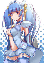 Rule 34 | 10s, 1girl, alternate costume, alternate hairstyle, aoki reika, arm warmers, blue background, blue dress, blue eyes, blue hair, blue skirt, breasts, choker, cleavage, cure beauty, detached sleeves, dress, eyelashes, hair ornament, hair ribbon, hairclip, long hair, magical girl, matching hair/eyes, namisawa, navel, precure, revealing clothes, ribbon, skirt, smile precure!, solo, thighhighs, thighs, twintails, two-tone background, white background