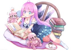 Rule 34 | 1girl, bare shoulders, blue dress, blue eyes, blush, book, book stack, bracelet, breasts, chibi, cleavage, closed mouth, crescent, crescent earrings, crescent necklace, crescent print, dress, earrings, frilled dress, frills, gradient dress, hair ribbon, heterochromia, highres, himemori luna, himemori luna (sundress), hololive, jewelry, long hair, luknight (himemori luna), lying, medium breasts, necklace, no shoes, off-shoulder dress, off shoulder, official alternate costume, on side, pink hair, print dress, purple eyes, reading, ribbon, sailor collar, sailor dress, short dress, simple background, smile, socks, solo focus, starry sky print, takatsurt, virtual youtuber, white sailor collar, white socks
