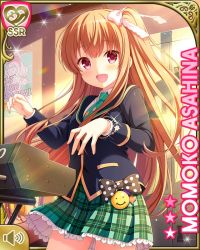 Rule 34 | 1girl, :d, asahina momoko, badge, black thighhighs, blazer, blue jacket, bow, brown hair, button badge, card (medium), character name, day, girlfriend (kari), green skirt, hair bow, hair ribbon, indoors, instrument, jacket, keyboard (instrument), music, necktie, official art, one side up, open mouth, plaid, plaid skirt, playing instrument, polka dot, polka dot bow, qp:flapper, red eyes, ribbon, school uniform, side ponytail, skirt, smile, solo, standing, sunset, thighhighs, white day