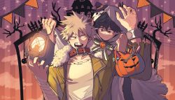 Rule 34 | 2boys, ;), angry, animal collar, animal ears, arm up, bakugou katsuki, belt, black nails, blonde hair, boku no hero academia, bow, bowtie, brown background, chain, chain leash, chained, collar, commentary request, freckles, ghost costume, gloves, green bow, green bowtie, green eyes, green hair, halloween bucket, halloween costume, hands up, hat, highres, holding, holding chain, lamp, leash, long sleeves, male focus, midoriya izuku, mini hat, modo (modo s2), multiple boys, nail polish, official alternate costume, one eye closed, open mouth, purple background, red eyes, shirt, short hair, smile, spiked hair, striped, striped background, teeth, torn clothes, torn shirt, white bow, white bowtie, witch hat, wolf ears