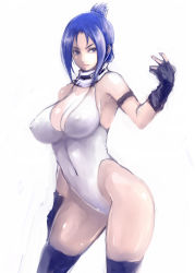 Rule 34 | 1girl, armband, black gloves, black thighhighs, blair dame, blue eyes, blue hair, boots, breasts, cleavage, covered erect nipples, detached collar, fingerless gloves, folded ponytail, gloves, highres, johan (johan13), large breasts, leotard, matching hair/eyes, simple background, solo, street fighter, street fighter ex (series), thigh boots, thighhighs