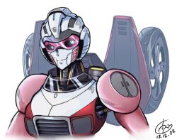 Rule 34 | 1girl, 1ongget, arcee, autobot, blue eyes, breasts, helmet, humanoid robot, mechanical parts, medium breasts, pink-framed eyewear, robot, robot girl, simple background, solo, transformers, transformers: rise of the beasts, transformers (live action), upper body, wheel, white background
