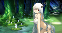 Rule 34 | 1990s (style), 1girl, 2boys, 6+others, antlers, bikini, blood, breasts, commentary, creature, forest, grass, hirokiku, horns, jiko bou, kodama, large breasts, light rays, long hair, looking at another, looking at viewer, looking to the side, medium breasts, mononoke hime, multiple boys, multiple others, nature, nosebleed, peeking out, personification, red eyes, red nose, retro artstyle, shishigami, side-tie bikini bottom, silver hair, solo, strap gap, studio ghibli, sunbeam, sunlight, swimsuit, tree, very long hair, water, white bikini