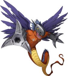 Rule 34 | abs, blue hair, digimon, digimon (creature), digimon new century, dragon, dragon tail, flying, full body, gauntlets, helmet, looking at viewer, mechanical arms, mechanical wings, megadramon, muscular, official art, open mouth, sharp teeth, simple background, solo, tail, teeth, weapon, wings