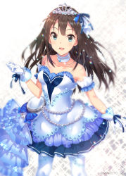 Rule 34 | 10s, 1girl, blush, breasts, brown hair, clock, gloves, green eyes, idolmaster, idolmaster cinderella girls, idolmaster cinderella girls starlight stage, jewelry, long hair, looking at viewer, mizuki makoto, necklace, pearl necklace, shibuya rin, solo, starry sky bright, thighhighs, tiara, white gloves, white thighhighs