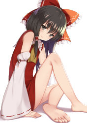 Rule 34 | 1girl, ascot, barefoot, black eyes, black hair, bow, commentary, detached sleeves, dress, feet, flan (seeyouflan), frilled bow, frills, frown, hair between eyes, hair bow, hair tubes, hakurei reimu, highres, looking at viewer, red dress, ribbon-trimmed sleeves, ribbon trim, simple background, sitting, soles, solo, toes, touhou, white background, wide sleeves, yellow ascot