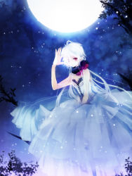 Rule 34 | 1girl, dress, full moon, moon, night, original, red eyes, sitting, solo, white dress, white hair, yuukichi