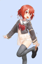 Rule 34 | 1girl, black thighhighs, blue background, bow, food in mouth, hair ornament, highres, long sleeves, looking at viewer, ponytail, red bow, red eyes, red hair, school uniform, see-through, see-through skirt, serafuku, short hair, simple background, skirt, solo, standing, standing on one leg, thighhighs, yuuki yuuna, yuuki yuuna wa yuusha de aru, yuusha de aru, zhongye yu