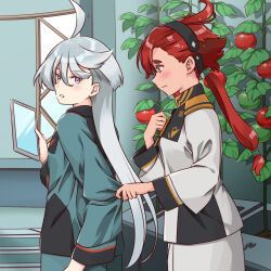Rule 34 | 2girls, ahoge, asticassia school uniform, black hairband, blush, breasts, clothes grab, cowboy shot, garden, green jacket, grey eyes, grey hair, gundam, gundam suisei no majo, hair between eyes, hair tie, hairband, hand on own chest, indoors, jacket, jacket tug, long hair, long sleeves, looking at another, looking back, low ponytail, miorine rembran, multi-tied hair, multiple girls, parted lips, red hair, sanada ikki, school uniform, short hair with long locks, shorts, sleeve grab, small breasts, suletta mercury, thick eyebrows, tomato, white jacket, white shorts