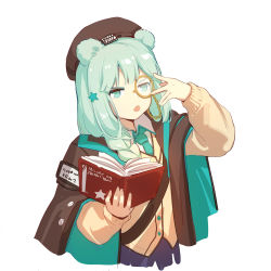 Rule 34 | 1girl, absurdres, arknights, book, braid, brown hat, green eyes, green hair, green neckwear, hair ornament, hat, highres, holding, holding book, istina (arknights), light green hair, long hair, monocle, open book, open mouth, simple background, solo, star (symbol), star hair ornament, white background, yumuto (spring1786)