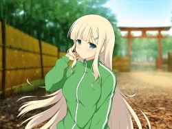 1girl adjusting_hair aqua_eyes architecture bamboo bamboo_fence bamboo_forest blonde_hair blush breasts closed_mouth east_asian_architecture fence forest green_jacket green_track_suit hair_ornament hairclip jacket large_breasts leaf long_hair looking_at_viewer nature official_art senran_kagura senran_kagura_new_link senran_kagura_shoujo-tachi_no_shin&#039;ei smile solo torii track_jacket track_suit upper_body very_long_hair yaegashi_nan yomi_(senran_kagura)