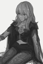 Rule 34 | 1girl, artist request, blood, breasts, bustier, byleth (female) (fire emblem), byleth (fire emblem), cleavage, closed mouth, fire emblem, fire emblem: three houses, fire emblem warriors, fire emblem warriors: three hopes, greyscale, hair ornament, highres, large breasts, long hair, medium hair, monochrome, nintendo, pantyhose, simple background