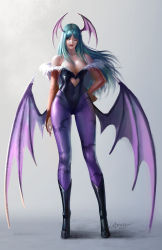 Rule 34 | 1girl, absurdres, animal print, arm at side, bare shoulders, bat print, bat wings, black footwear, black leotard, breasts, cleavage, clothing cutout, covered navel, demon girl, full body, gradient background, green hair, grey background, hand on own hip, head wings, heart cutout, highres, large breasts, leotard, licking lips, long hair, looking at viewer, morrigan aensland, pantyhose, puffy sleeves, purple pantyhose, purple wings, solo, taekwon kim, tongue, tongue out, vampire (game), wings