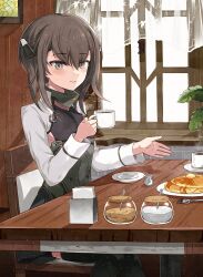 1girl blush brown_eyes brown_hair butter coffee_mug cup curtains day eating flat_chest food fork hair_between_eyes headband headgear highres indoors kanmiya_shinobu kantai_collection long_sleeves looking_at_viewer mug pancake pancake_stack plate pleated_skirt short_hair sitting skirt smile solo syrup table taihou_(kancolle)