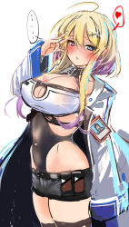 Rule 34 | ..., 1girl, ahoge, arm at side, azur lane, black shorts, blonde hair, blue eyes, blush, breast tattoo, breasts, center opening, cleavage cutout, closed mouth, clothing cutout, covered navel, embarrassed, from side, gradient hair, groin, heart, hey taisyou, highres, id card, large breasts, looking at viewer, applying manicure, marblehead (azur lane), multicolored hair, navel, navel piercing, piercing, purple hair, short hair with long locks, shorts, sidelocks, sketch, solo, spoken ellipsis, spoken heart, standing, tattoo