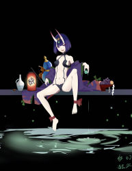 Rule 34 | 1girl, alcohol, ankle ribbon, bare shoulders, barefoot, black background, bob cut, bottle, breasts, collarbone, cup, eyeliner, fate/grand order, fate (series), feet, food, fruit, fruit bowl, gourd, grapes, headpiece, highres, horns, japanese clothes, kimono, lantern, leg ribbon, legs, long sleeves, looking at viewer, magician (huan xian), makeup, navel, oni, open clothes, open kimono, open mouth, paper lantern, peach, pouring, purple eyes, purple hair, purple kimono, red ribbon, revealing clothes, ribbon, ripples, sake, short hair, shuten douji (fate), simple background, sitting, skin-covered horns, small breasts, smile, solo, water, wide sleeves