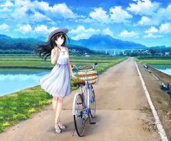 Rule 34 | 1girl, barefoot sandals (jewelry), basket, bicycle, black hair, blue eyes, breasts, bridge, canal, cloud, cloudy sky, crossed ankles, day, dress, floating hair, hand up, hat, hat ribbon, head tilt, hill, kazuharu kina, long hair, looking at viewer, mountain, no socks, original, outdoors, real world location, reflection, ribbon, rice paddy, riverbank, road, rural, sandals, scenery, sky, sleeveless, sleeveless dress, small breasts, smile, solo, spaghetti strap, standing, sun hat, sundress, white dress, white hat, wide shot, wind