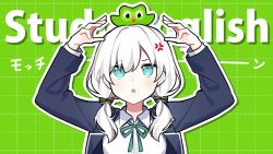 Rule 34 | 1girl, anger vein, ars almal, blue eyes, commentary request, duo (duolingo), duolingo, jacket, low twintails, medium hair, nijisanji, open clothes, open jacket, open mouth, school uniform, solo, twintails, virtual youtuber, waka (wk4444), white hair