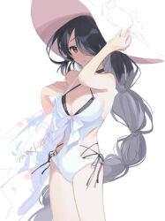 Rule 34 | 1girl, black hair, blue archive, braid, braided ponytail, breasts, cleavage, hair over one eye, hand on headwear, hat, hinata (blue archive), hinata (swimsuit) (blue archive), large breasts, long hair, looking at viewer, machico maki, official alternate costume, one-piece swimsuit, red eyes, signature, simple background, solo, sun hat, swimsuit, very long hair, white background, white one-piece swimsuit