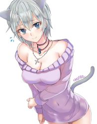 Rule 34 | 10s, 1girl, anastasia (idolmaster), animal ears, ashita (2010), bad id, bad twitter id, blue eyes, blush, breasts, cat ears, cat tail, cleavage, covered navel, highres, idolmaster, idolmaster cinderella girls, jewelry, large breasts, necklace, short hair, silver hair, smile, solo, tail