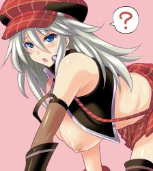 Rule 34 | 10s, 1girl, :o, ?, alisa ilinichina amiella, all fours, areola slip, bandaid, bandaids on nipples, black footwear, blue eyes, blush, boots, breasts, breasts out, elbow gloves, female focus, gloves, god eater, god eater burst, hanging breasts, hat, konno tohiro, large breasts, long hair, looking at viewer, open mouth, pasties, pink background, plaid, plaid skirt, silver hair, simple background, skirt, solo, spoken question mark, suspender skirt, suspenders, thigh boots, thighhighs, vest