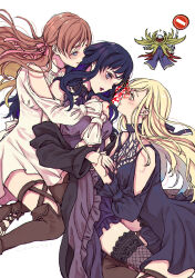 1boy 3girls arms_around_neck ascian_glyph black_dress black_footwear black_hair black_thighhighs blonde_hair blue_eyes blush boots clothing_cutout colored_inner_hair commentary_request dress dual_persona fatebreaker_(ff14) final_fantasy final_fantasy_xiv gaia_(ff14) girl_sandwich hair_ribbon highres holding_hands hug hug_from_behind leg_between_thighs long_hair long_sleeves looking_at_another mitron_(ff14) multicolored_hair multiple_girls orange_hair parted_lips pink_ribbon possessed possession purple_hair red_lips reitomo ribbon road_sign ryne_waters sandwiched selfcest shoulder_cutout sign simple_background stop_sign thigh_boots thighhighs white_background yellow_eyes yuri