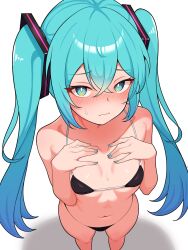 Rule 34 | 1girl, aqua eyes, aqua hair, bare shoulders, bikini, black bikini, blue eyes, blue hair, blush, breasts, closed mouth, collarbone, colored eyelashes, embarrassed, from above, gradient hair, hatsune miku, highres, kumada gaon, long hair, looking at viewer, multicolored hair, navel, small breasts, sweat, swimsuit, twintails, vocaloid, white background