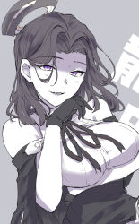 Rule 34 | 1girl, absurdres, bare shoulders, black gloves, breasts, character name, gloves, grey background, hagioshi, hair intakes, halo, highres, kantai collection, large breasts, looking at viewer, mechanical halo, purple eyes, smile, solo, tatsuta (kancolle), upper body
