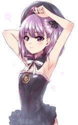 1girl, arm behind head, armpits, arms up, beret, black bow, black dress, black headwear, bow, closed mouth, commentary, detached collar, dress, fate/grand order, fate (series), flat chest, frilled dress, frills, hair bobbles, hair ornament, hat, helena blavatsky (fate), highres, kuroi mimei, medium hair, microdress, neck ribbon, purple eyes, purple hair, ribbon, smile, solo, strapless, strapless dress, white neckwear