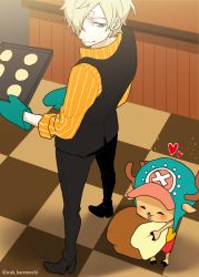 Rule 34 | 1boy, baking, blonde hair, blue eyes, bread, checkered floor, chef, cooking, curry gohan, food, hat, heart, kitchen, one piece, oven mitts, pinstripe pattern, reindeer, sanji (one piece), smile, striped, tony tony chopper, waistcoat