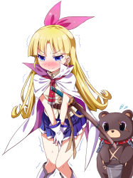 Rule 34 | 1girl, bear, belt, between legs, black eyes, blonde hair, blue skirt, blunt bangs, blush, boots, bucket, busou shoujo machiavellism, cape, chain, collar, embarrassed, female focus, flying sweatdrops, gloves, hair ribbon, hanasaka warabi, hand between legs, have to pee, holding, knee boots, knees together feet apart, kyoubou, long hair, miniskirt, necktie, nose blush, own hands together, pink ribbon, pleated skirt, ratryu, red neckwear, ribbon, scabbard, scar, scar across eye, scar on face, sheath, shirt, simple background, skirt, solo focus, standing, sword, tears, thigh gap, trembling, v arms, weapon, white background, white cape, white footwear, white gloves, yellow shirt, zipper pull tab