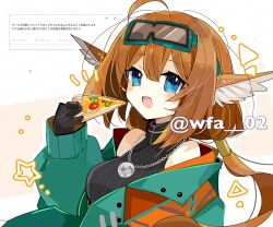 Rule 34 | 1girl, aciddrop (arknights), ahoge, animal ears, arknights, artist name, bare shoulders, bird ears, bird girl, black shirt, blue eyes, blush, breasts, brown hair, commentary request, food, goggles, goggles on head, green jacket, hair between eyes, hair tubes, holding, holding food, holding pizza, itsuki 02, jacket, jewelry, large breasts, long hair, long sleeves, looking at viewer, low twintails, open mouth, pendant, pizza, puffy long sleeves, puffy sleeves, request inset, shirt, sleeveless, sleeveless shirt, solo, twintails, twitter username, upper body