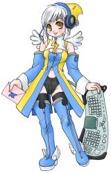 Rule 34 | 1girl, :d, bare shoulders, black thighhighs, blue footwear, blush, boots, breasts, brown eyes, cleavage, detached sleeves, full body, headphones, headset, keyboard, keyboard (computer), long sleeves, medium breasts, mozilla thunderbird, navel, open mouth, os-tan, short shorts, shorts, silver hair, smile, solo, standing, thigh boots, thighhighs, transparent background, white background, wings, yellow eyes, zettai ryouiki, zipper