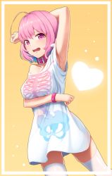 Rule 34 | 1girl, absurdres, ahoge, arm under breasts, arm up, armpit sweat, armpits, bare arms, bare shoulders, belt buckle, belt collar, blue hair, bob cut, bracelet, breast hold, breasts, buckle, collar, collarbone, commentary request, dress, fang, goback, hair between eyes, heart, highres, idolmaster, idolmaster cinderella girls, jewelry, looking at viewer, medium breasts, multicolored hair, off shoulder, open mouth, pink collar, pink eyes, pink hair, ring, shirt, short dress, short sleeves, simple background, skeleton print, solo, sweat, t-shirt, tears, thighhighs, two-tone hair, white dress, white shirt, white thighhighs, yellow background, yumemi riamu